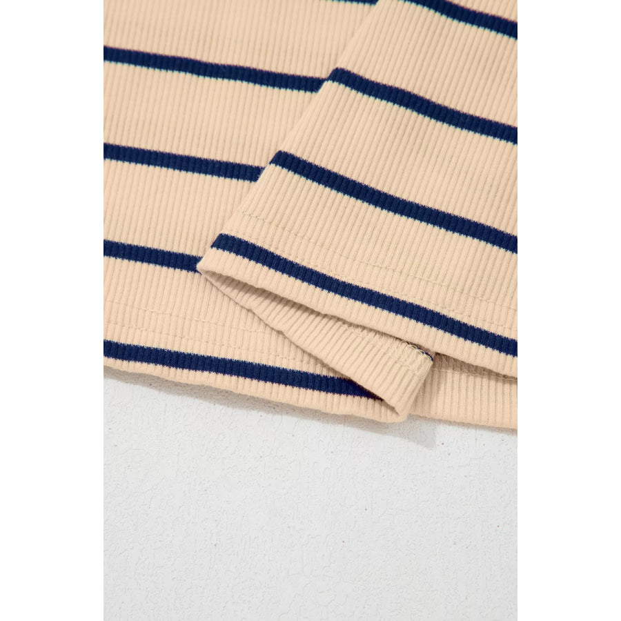 Stripe Mock Neck Short Sleeve Loose Top Apparel and Accessories