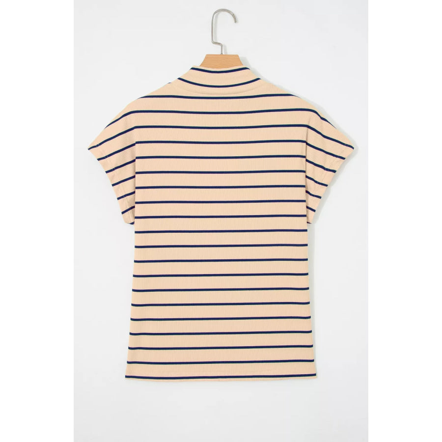 Stripe Mock Neck Short Sleeve Loose Top Apparel and Accessories