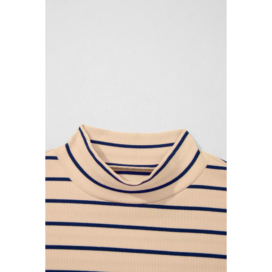 Stripe Mock Neck Short Sleeve Loose Top Apparel and Accessories