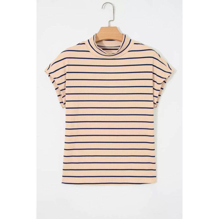 Stripe Mock Neck Short Sleeve Loose Top Apparel and Accessories