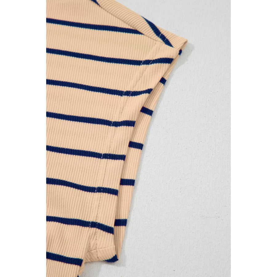 Stripe Mock Neck Short Sleeve Loose Top Apparel and Accessories
