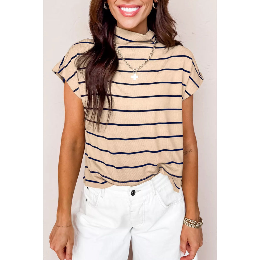 Stripe Mock Neck Short Sleeve Loose Top Apparel and Accessories