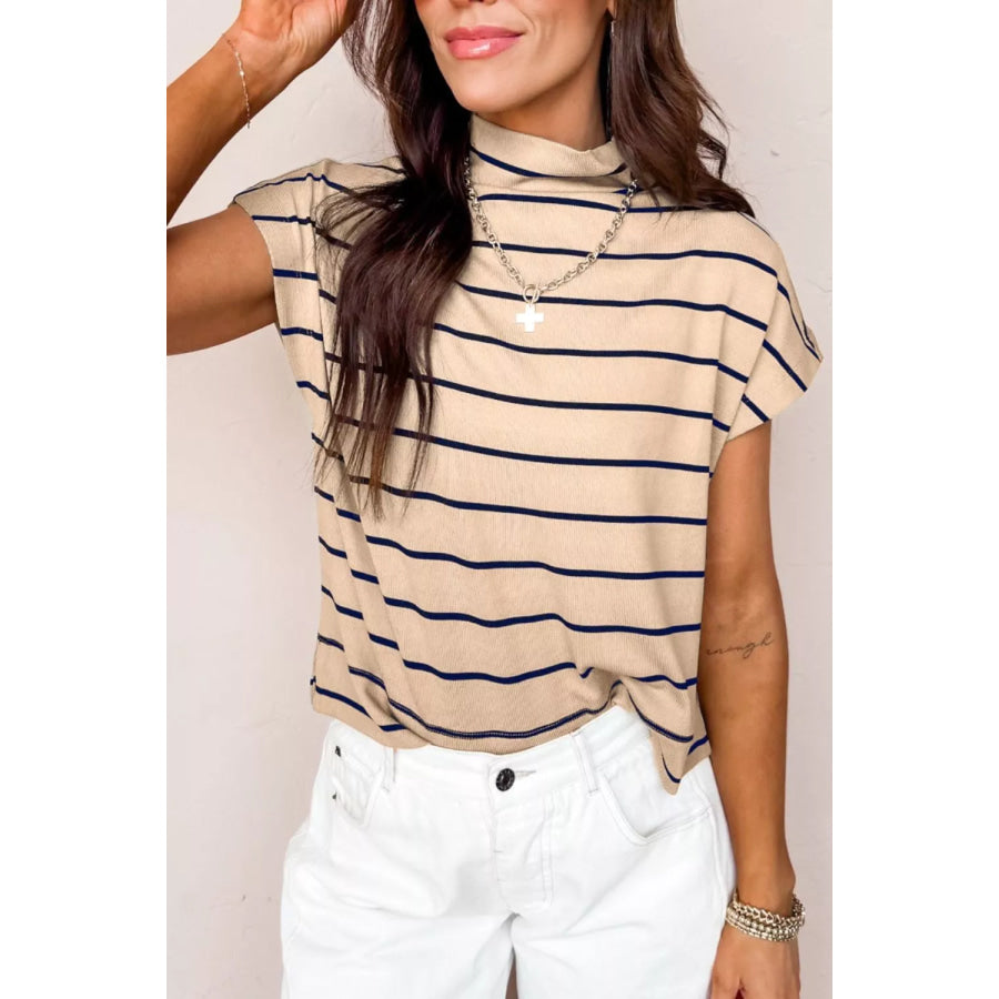 Stripe Mock Neck Short Sleeve Loose Top Tan / S Apparel and Accessories
