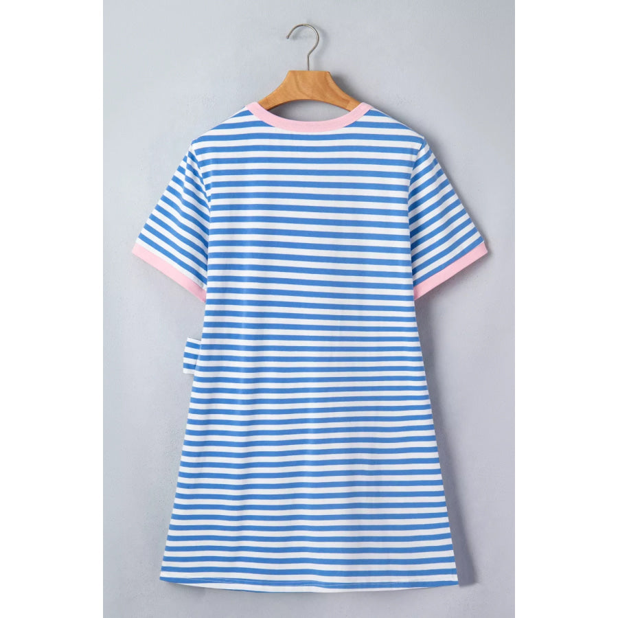 Stripe Nautical Tie Contrast Trim Round Neck T Shirt Mini Dress Apparel and Accessories