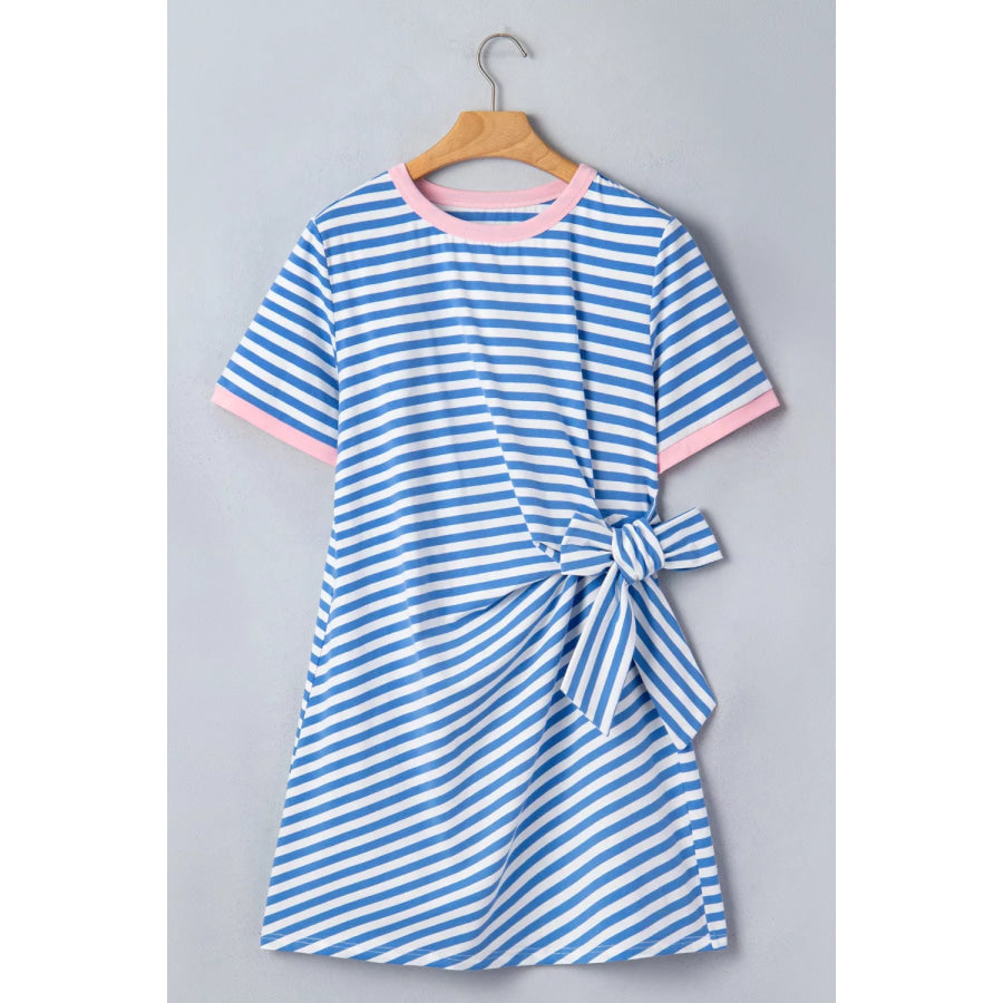 Stripe Nautical Tie Contrast Trim Round Neck T Shirt Mini Dress Apparel and Accessories
