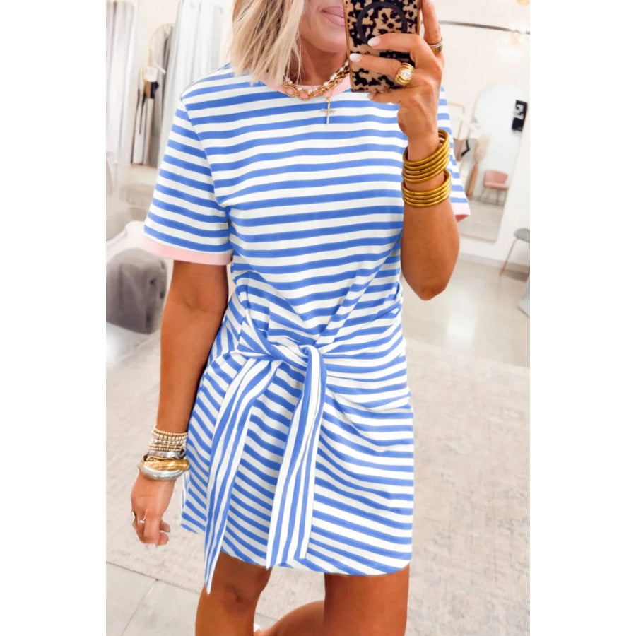 Stripe Nautical Tie Contrast Trim Round Neck T Shirt Mini Dress Light Blue / S Apparel and Accessories