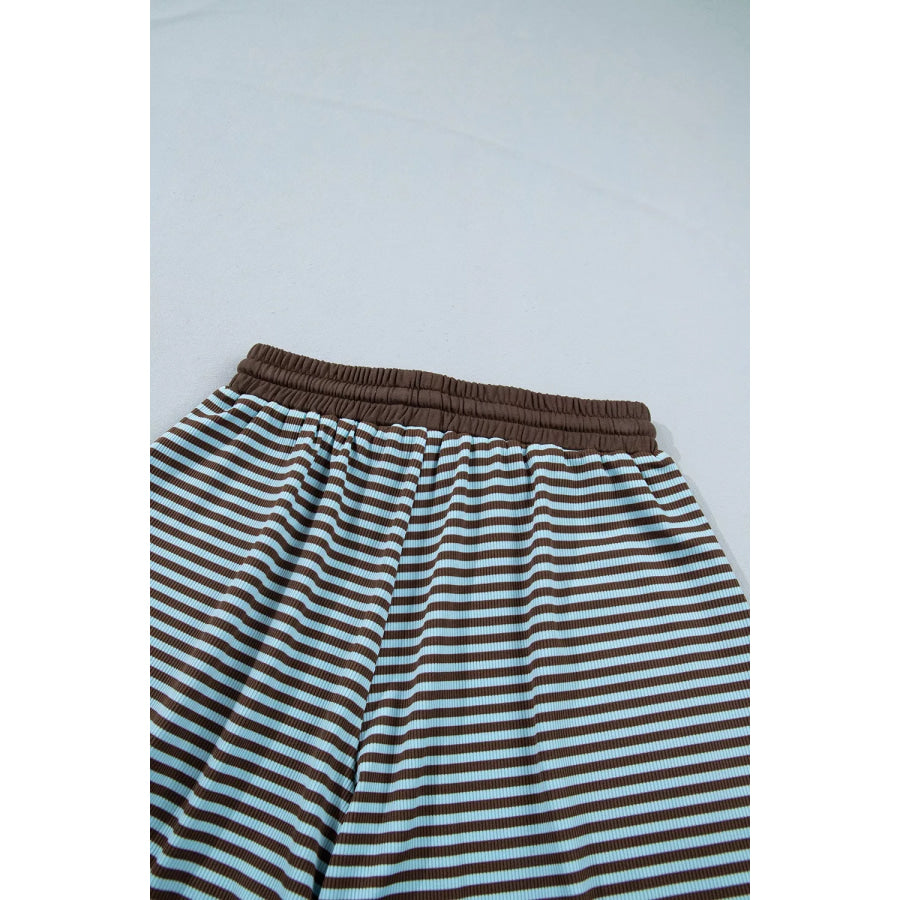 Stripe Oversized Long Sleeve Top Drawstring Loose Shorts 2pcs Set Apparel and Accessories