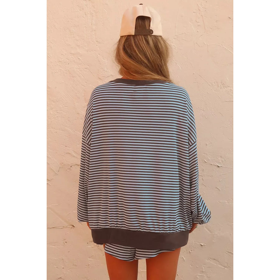 Stripe Oversized Long Sleeve Top Drawstring Loose Shorts 2pcs Set Apparel and Accessories