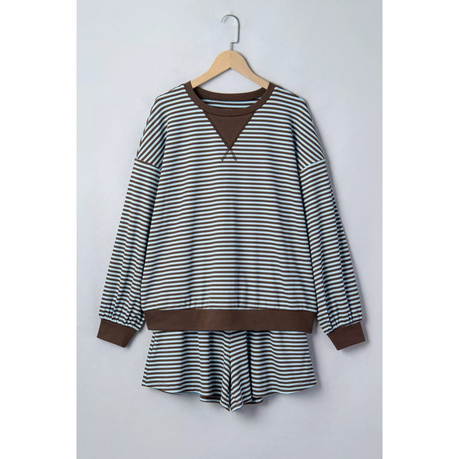 Stripe Oversized Long Sleeve Top Drawstring Loose Shorts 2pcs Set Apparel and Accessories