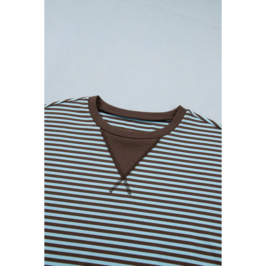 Stripe Oversized Long Sleeve Top Drawstring Loose Shorts 2pcs Set Apparel and Accessories