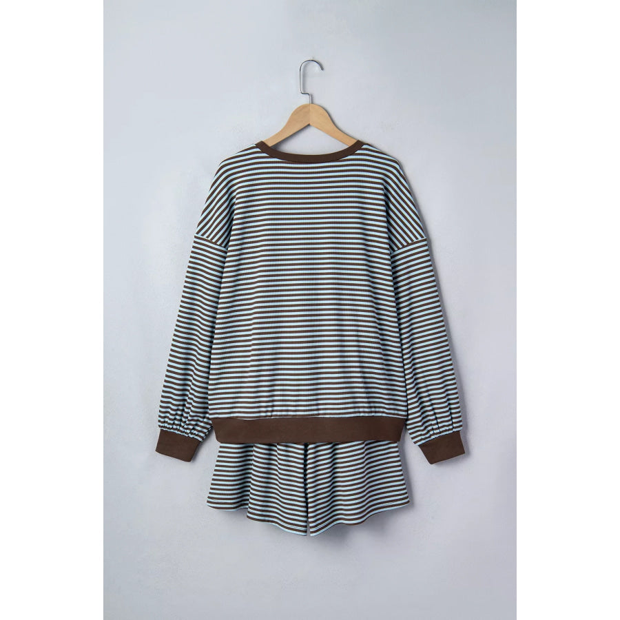 Stripe Oversized Long Sleeve Top Drawstring Loose Shorts 2pcs Set Apparel and Accessories