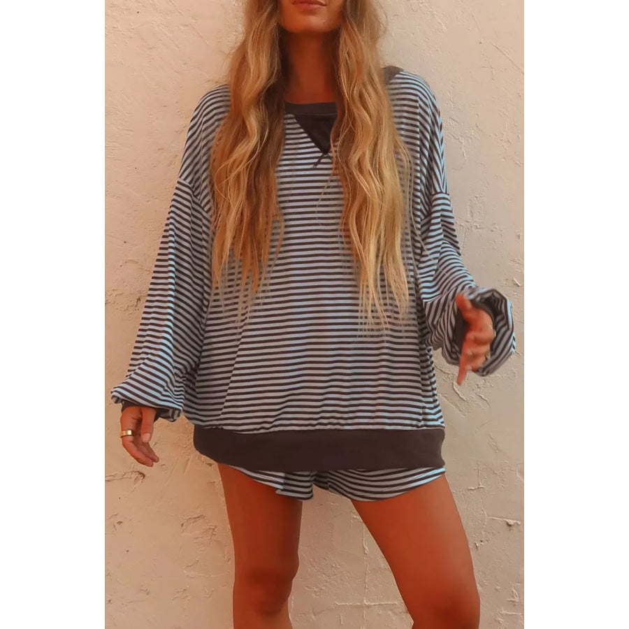 Stripe Oversized Long Sleeve Top Drawstring Loose Shorts 2pcs Set Apparel and Accessories