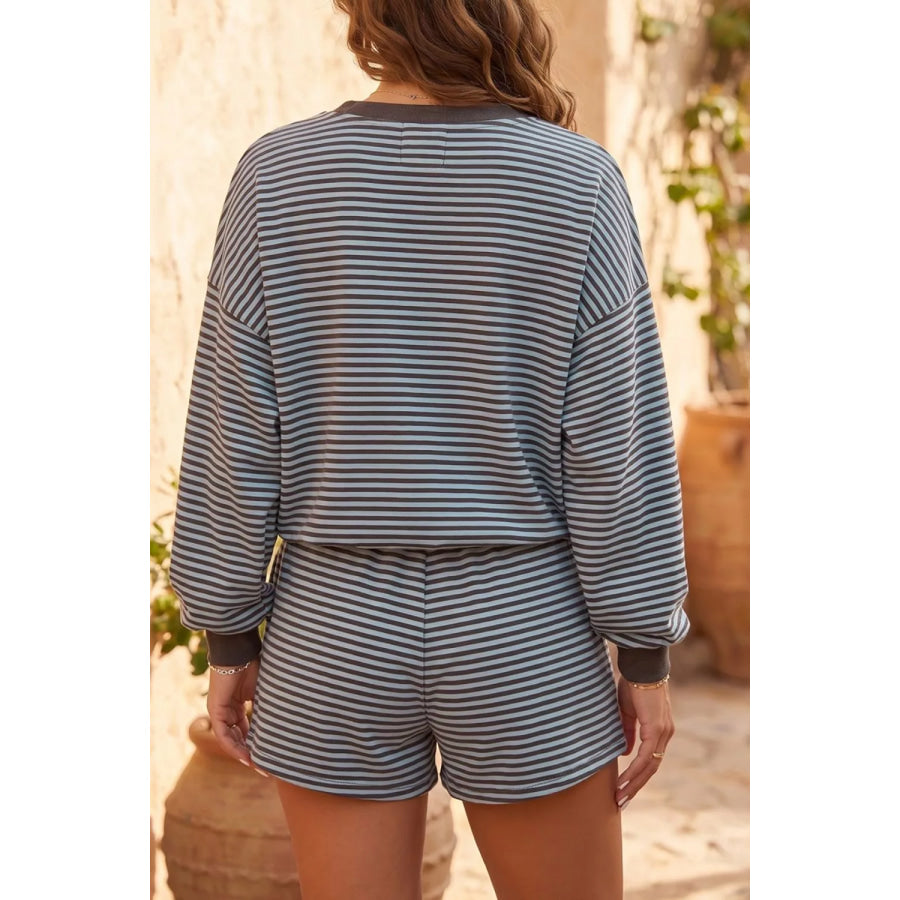 Stripe Oversized Long Sleeve Top Drawstring Loose Shorts 2pcs Set Stripe / S Apparel and Accessories