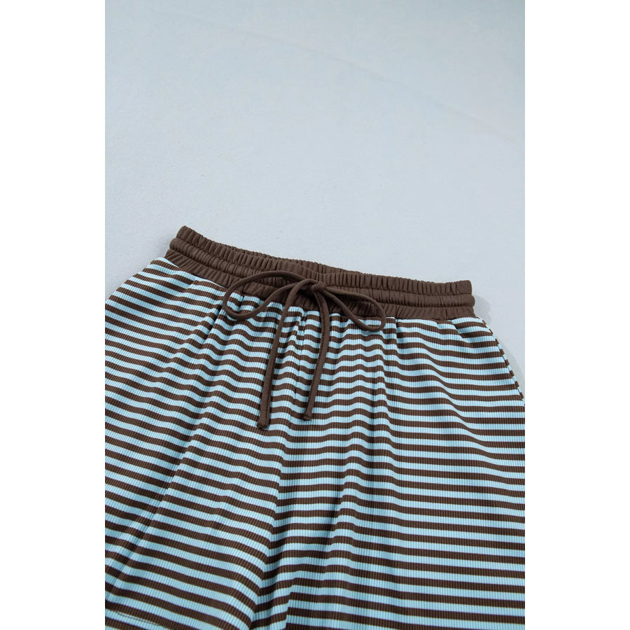 Stripe Oversized Long Sleeve Top Drawstring Loose Shorts 2pcs Set Apparel and Accessories