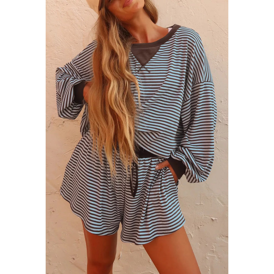 Stripe Oversized Long Sleeve Top Drawstring Loose Shorts 2pcs Set Apparel and Accessories