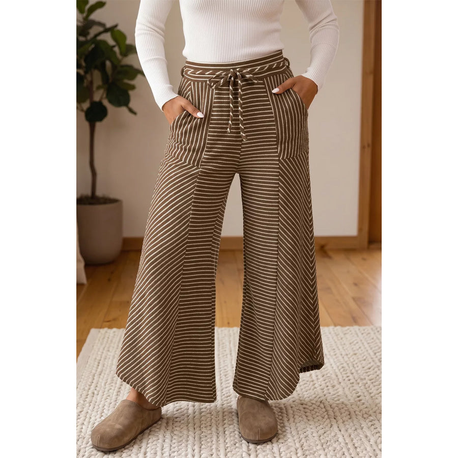 Stripe Patchwork Design Wide Leg Casual Pants Apparel and Accessories