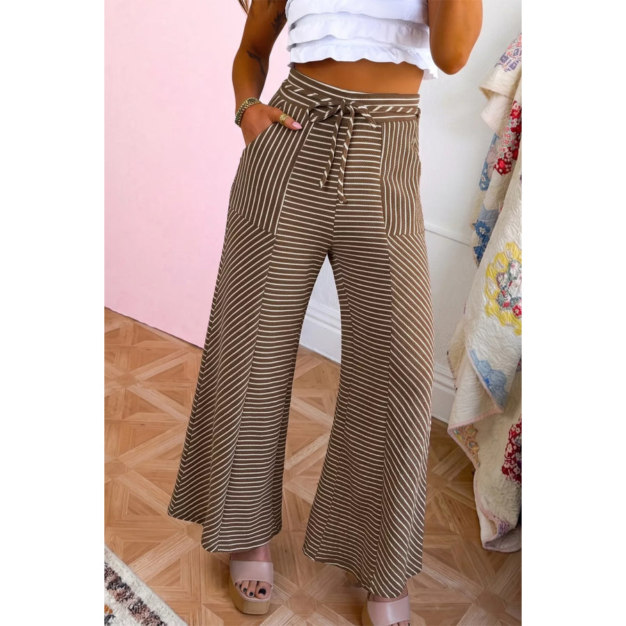Stripe Patchwork Design Wide Leg Casual Pants Brown / S Apparel and Accessories