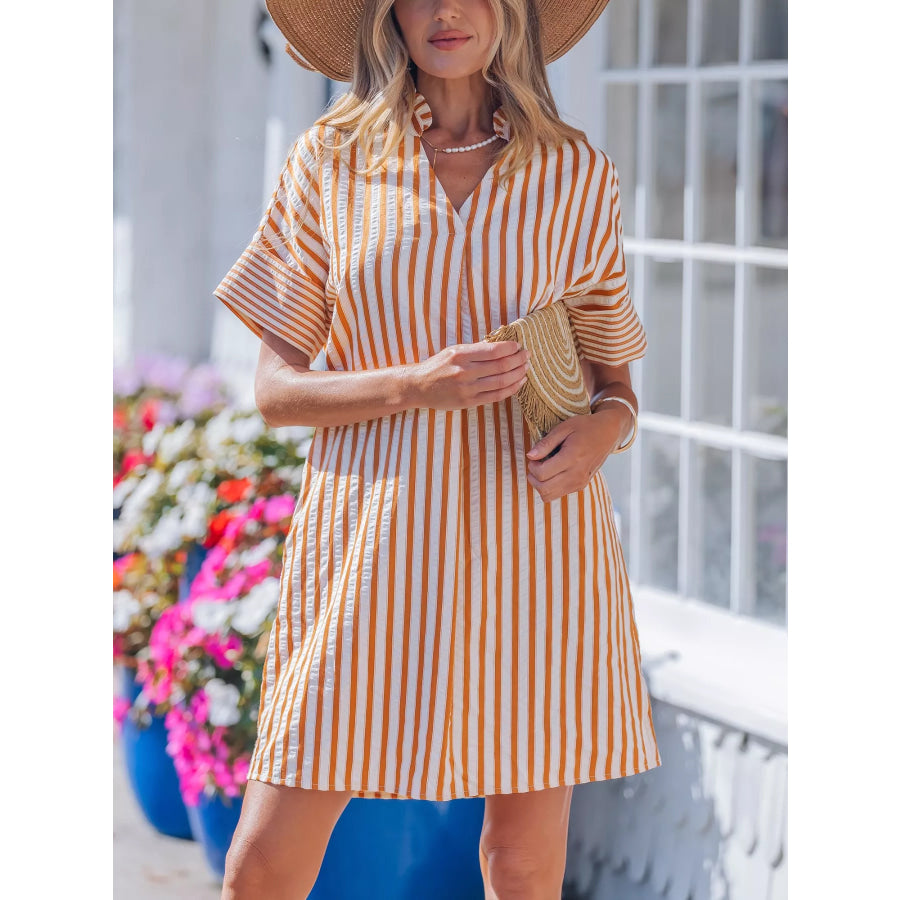 Stripe Pinched V Neck Turn-up Cuffs Shift Mini Dress Apparel and Accessories
