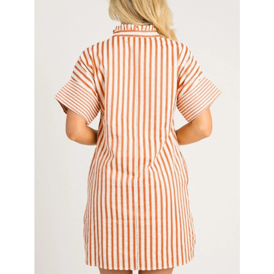 Stripe Pinched V Neck Turn-up Cuffs Shift Mini Dress Apparel and Accessories