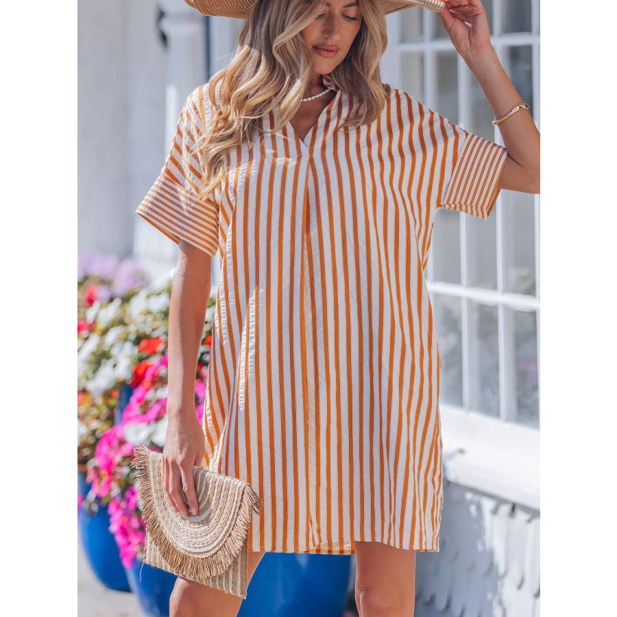 Stripe Pinched V Neck Turn-up Cuffs Shift Mini Dress Apparel and Accessories