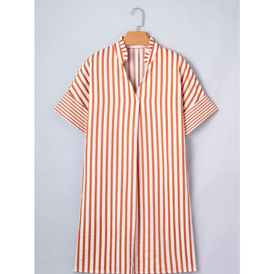 Stripe Pinched V Neck Turn-up Cuffs Shift Mini Dress Apparel and Accessories