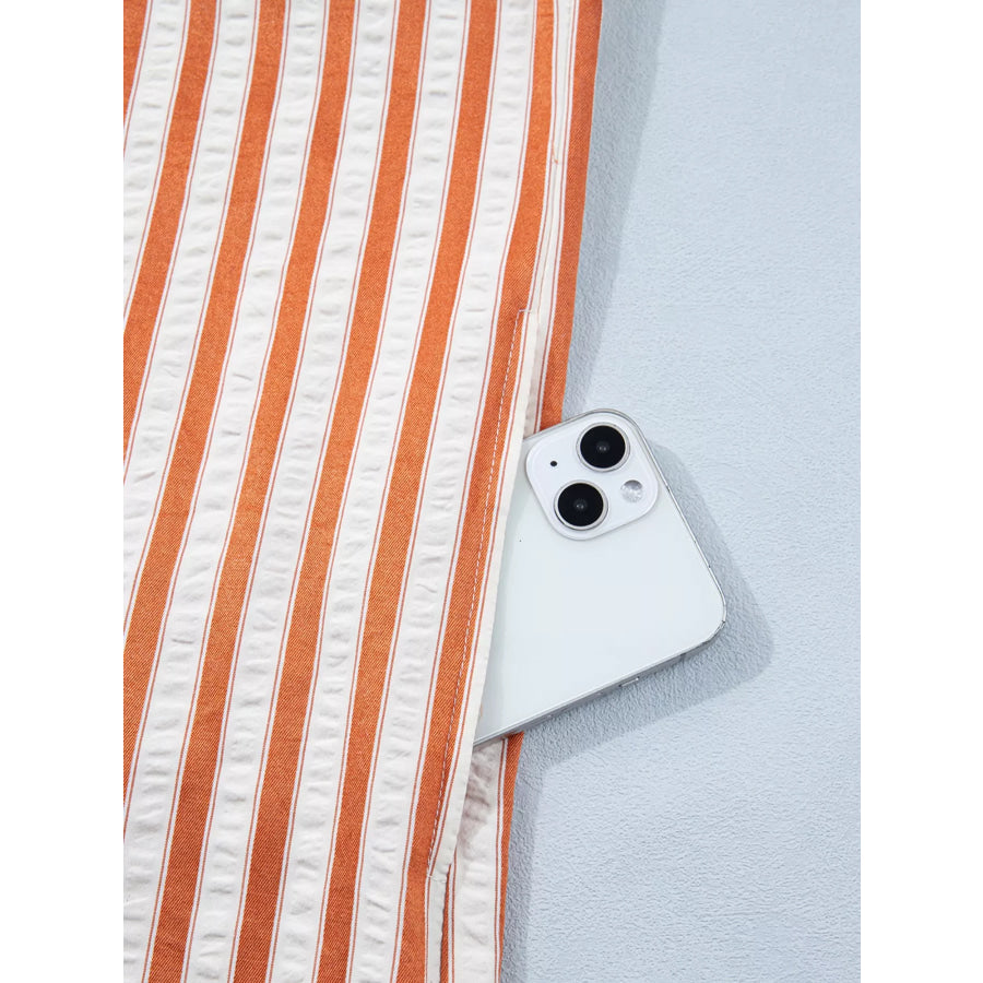 Stripe Pinched V Neck Turn-up Cuffs Shift Mini Dress Apparel and Accessories