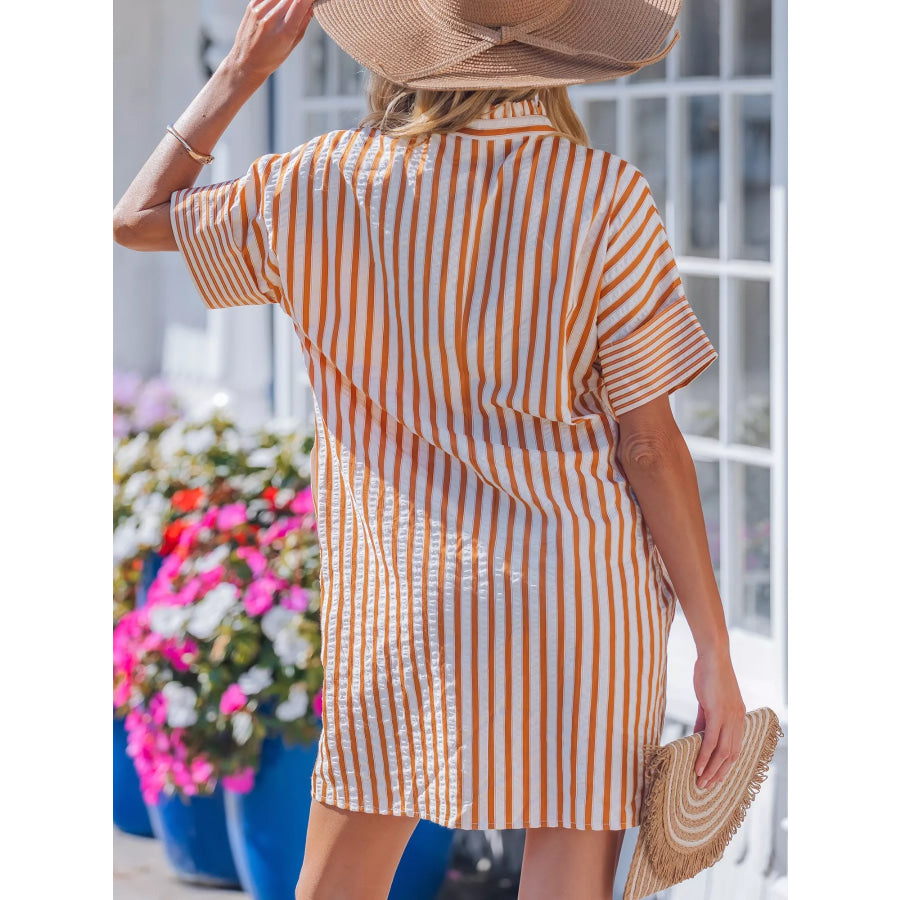 Stripe Pinched V Neck Turn-up Cuffs Shift Mini Dress Apparel and Accessories