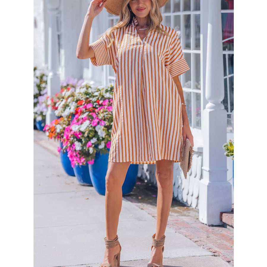 Stripe Pinched V Neck Turn-up Cuffs Shift Mini Dress Apparel and Accessories