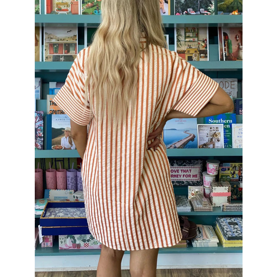 Stripe Pinched V Neck Turn-up Cuffs Shift Mini Dress Apparel and Accessories