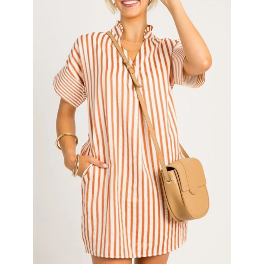 Stripe Pinched V Neck Turn-up Cuffs Shift Mini Dress Stripe / S Apparel and Accessories
