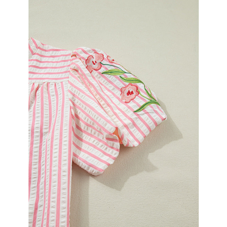 Stripe Print Floral Embroidered Puff Sleeve V Neck Blouse Apparel and Accessories