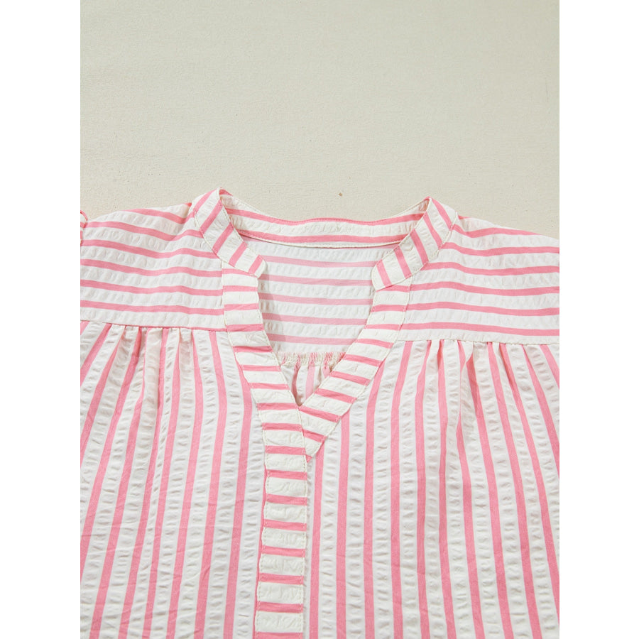 Stripe Print Floral Embroidered Puff Sleeve V Neck Blouse Apparel and Accessories