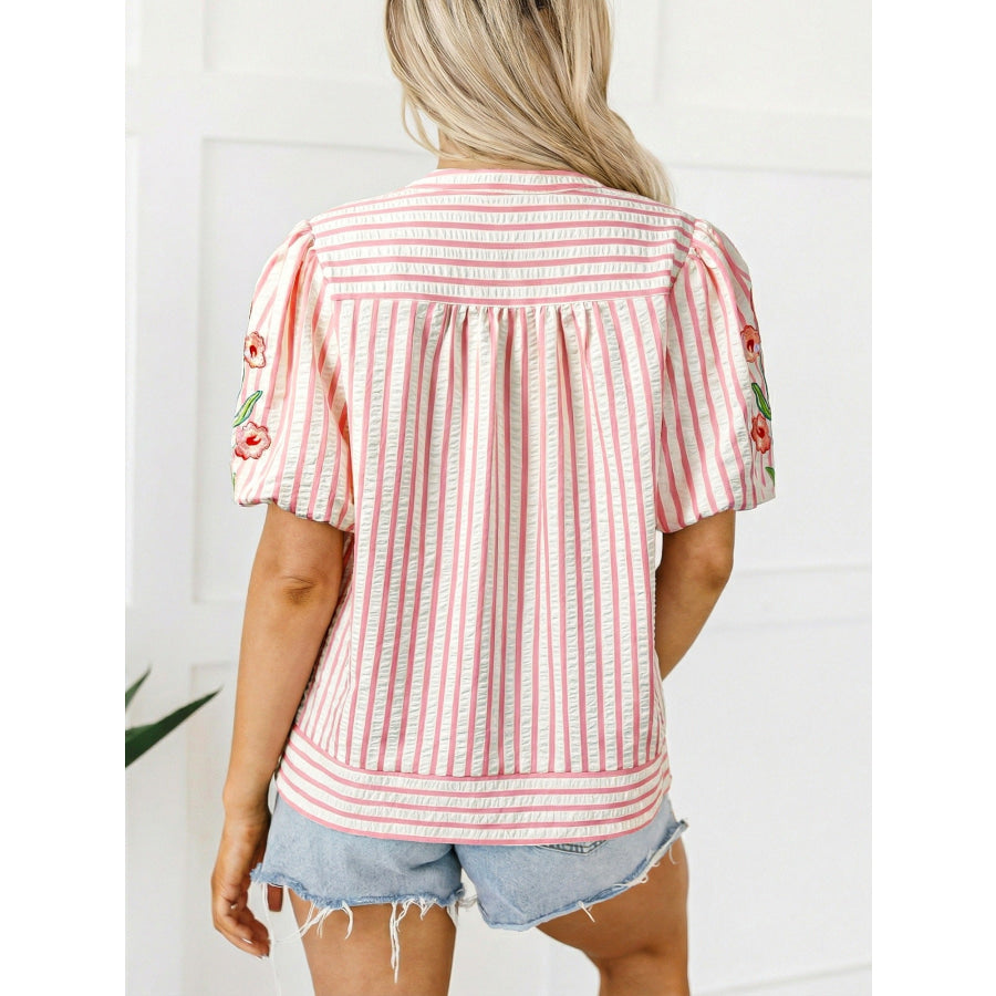 Stripe Print Floral Embroidered Puff Sleeve V Neck Blouse Apparel and Accessories