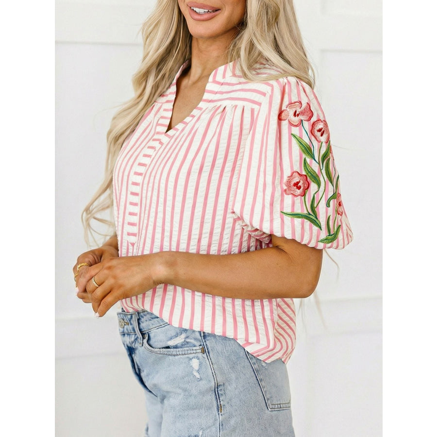 Stripe Print Floral Embroidered Puff Sleeve V Neck Blouse Apparel and Accessories