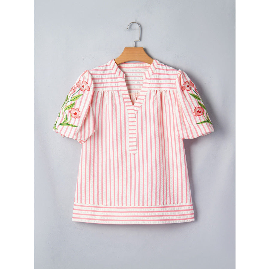 Stripe Print Floral Embroidered Puff Sleeve V Neck Blouse Apparel and Accessories