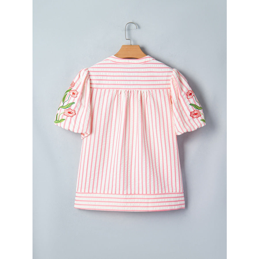 Stripe Print Floral Embroidered Puff Sleeve V Neck Blouse Apparel and Accessories