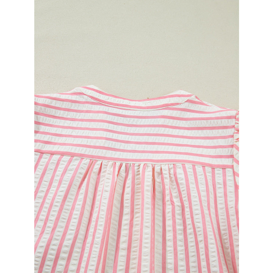 Stripe Print Floral Embroidered Puff Sleeve V Neck Blouse Apparel and Accessories