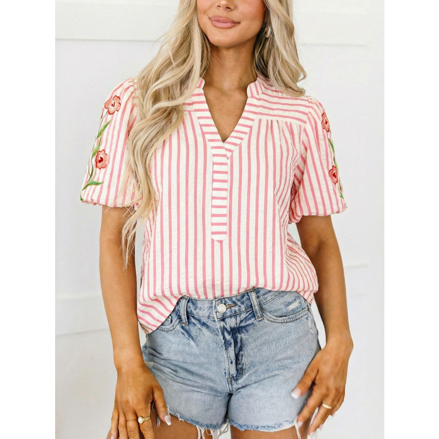 Stripe Print Floral Embroidered Puff Sleeve V Neck Blouse Blush Pink / S Apparel and Accessories