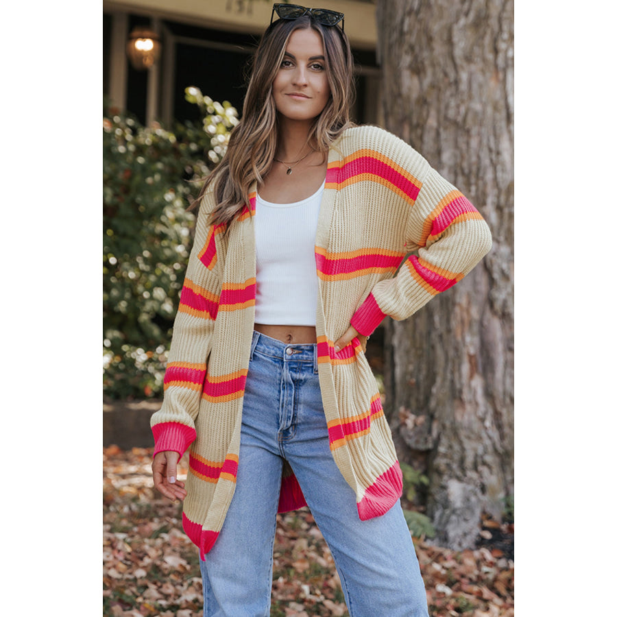 Stripe Printed Ribbed Long Knitted Cardigan Stripe / S / 100% Acrylic Sweaters & Cardigans/Cardigans