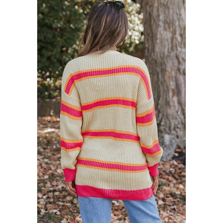 Stripe Printed Ribbed Long Knitted Cardigan Sweaters & Cardigans/Cardigans