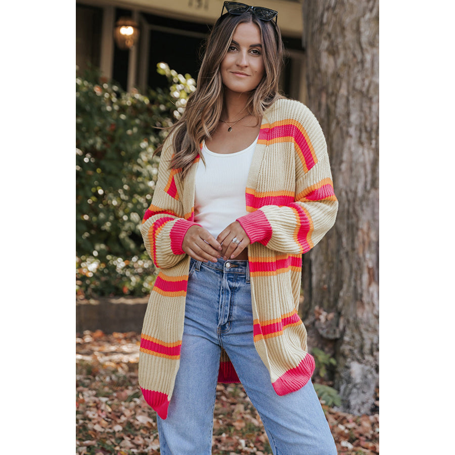 Stripe Printed Ribbed Long Knitted Cardigan Sweaters & Cardigans/Cardigans
