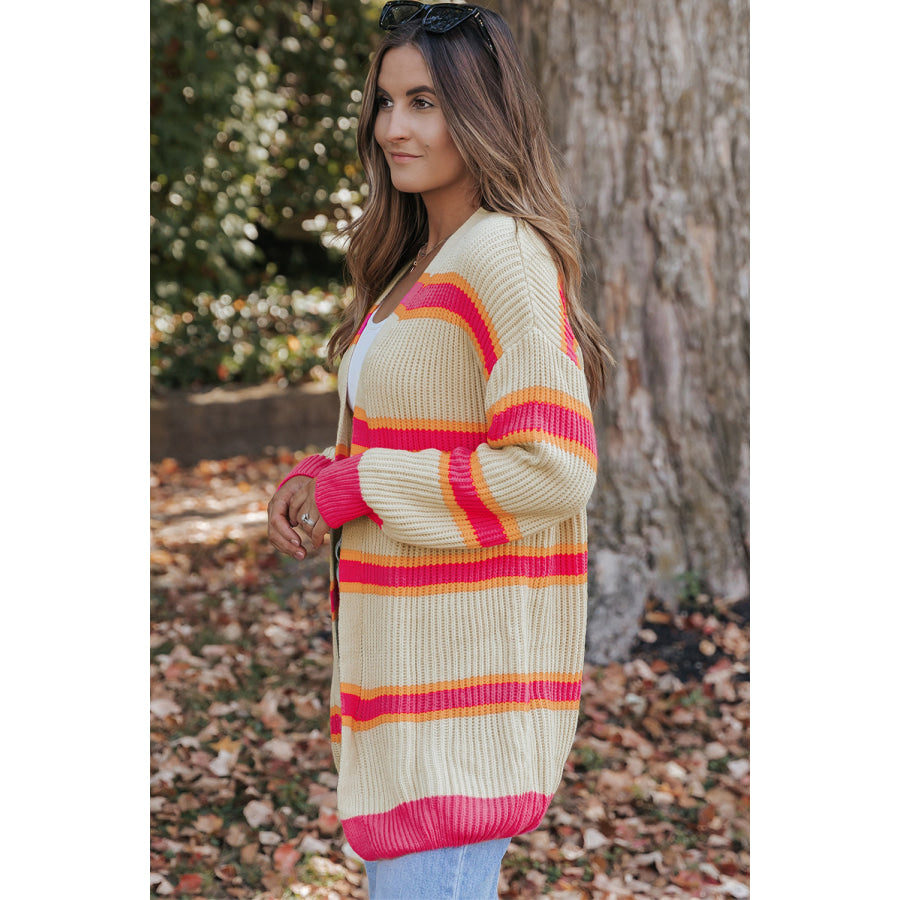 Stripe Printed Ribbed Long Knitted Cardigan Sweaters & Cardigans/Cardigans
