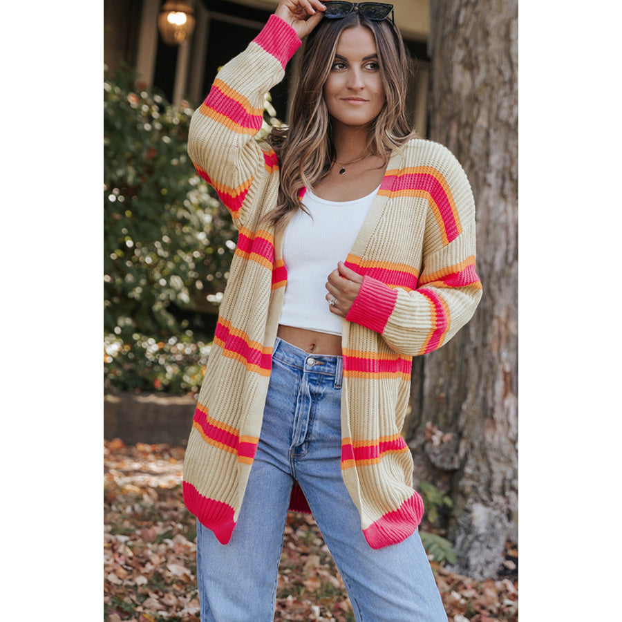 Stripe Printed Ribbed Long Knitted Cardigan Sweaters & Cardigans/Cardigans