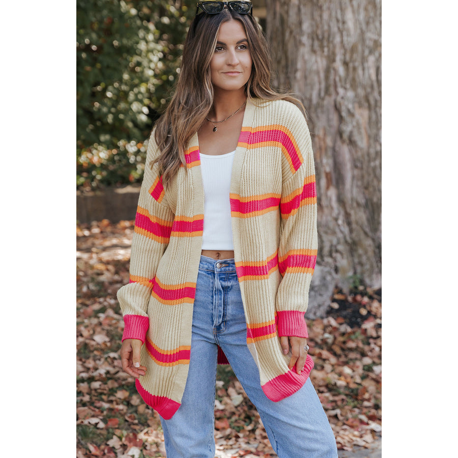 Stripe Printed Ribbed Long Knitted Cardigan Sweaters & Cardigans/Cardigans