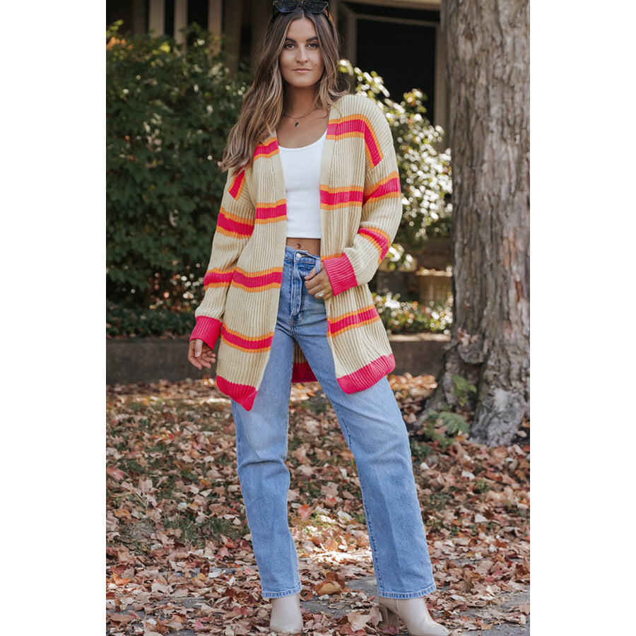 Stripe Printed Ribbed Long Knitted Cardigan Sweaters & Cardigans/Cardigans