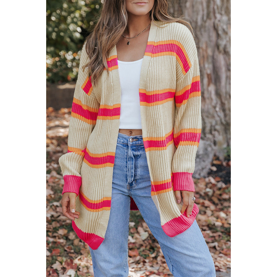 Stripe Printed Ribbed Long Knitted Cardigan Sweaters & Cardigans/Cardigans