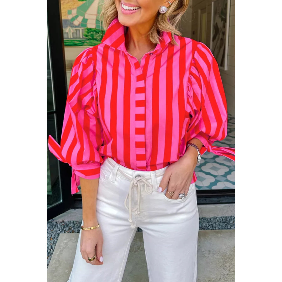 Stripe Puff Sleeve Blouse Deep Rose / S Apparel and Accessories