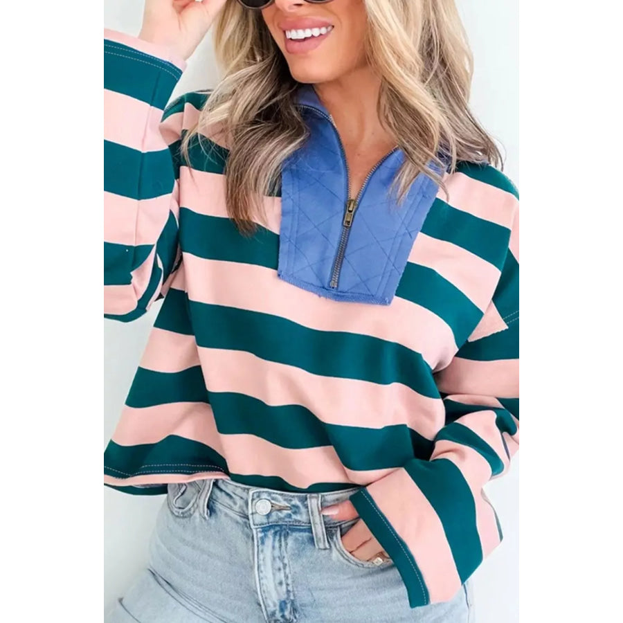 Stripe Quarter-Zip Metal Zipper Cover Stitch Hem Top Apparel and Accessories