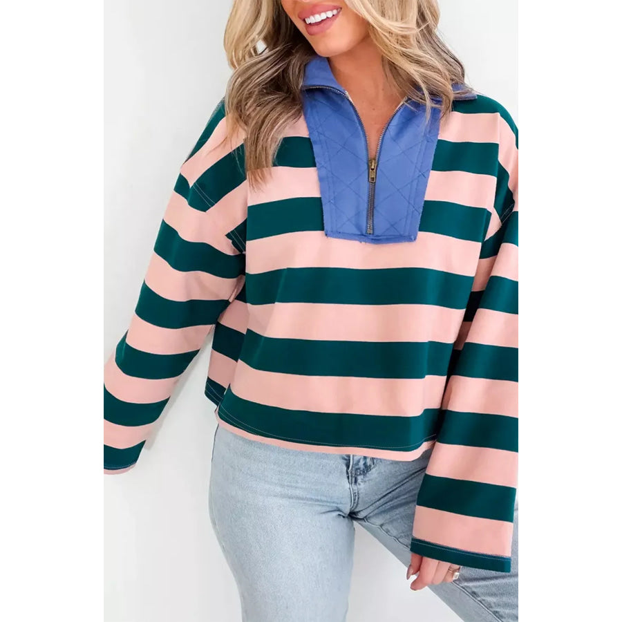 Stripe Quarter-Zip Metal Zipper Cover Stitch Hem Top Apparel and Accessories
