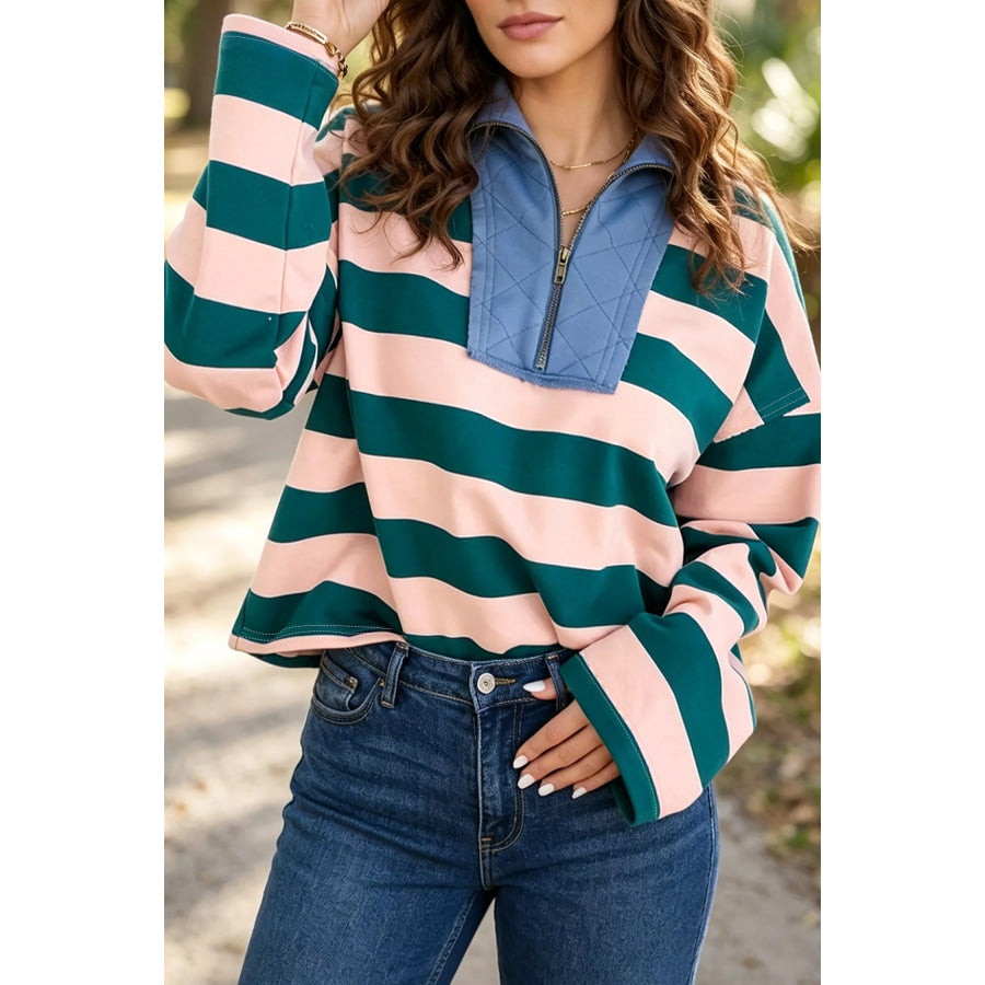 Stripe Quarter-Zip Metal Zipper Cover Stitch Hem Top Apparel and Accessories